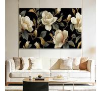 Tableau sur Toile Moderne 120L x 80l cm Moderne Floral Blanc Fleurs Feuilles Dorées avec Cadre, Peinture Murale Artistique Style Français pour Décoration Maison - Cadeau de Crémaillère Prêt à Poser