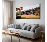 Tableau sur Toile Moderne 140L x 70l cm Oriental Architecture Forêt Montagnes avec Cadre, Peinture Murale Artistique Style Japonais pour Décoration Maison - Cadeau de Crémaillère Prêt à Poser
