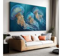 Tableau sur Toile Moderne Nature Océan Animal Méduse Grand Tableau Mural 140L x 70l cm, Impression Toile Premium Non Encadrée Indigo - Affiche Déco Esthétique pour Chambre et Salon Salle de Bain