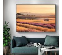 Tableau sur toile moderne représentant un paysage provençal de lavande au coucher du soleil, un village rustique et un champ de fleurs (60 x 80 cm, sans cadre) - Décoration murale pour la maison