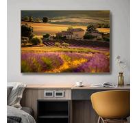 Tableau sur toile moderne représentant un paysage provençal de lavande au coucher du soleil, un village rustique et un champ de fleurs (60 x 80 cm, sans cadre) - Décoration murale pour la maison