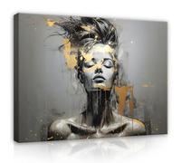 Tableau sur toile - Motif visage de femme - Abstrait - Doré/gris - 120 x 80 cm - Grande taille XXL - Pour chambre à coucher et salon - Impression d'art mural sur toile prête à accrocher