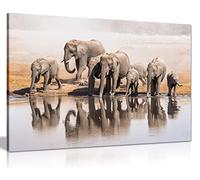 Tableau sur toile murale d’une famille d'éléphants d'Afrique buvant à une mare, art imprimé., A0 91x61cm (36x24in)