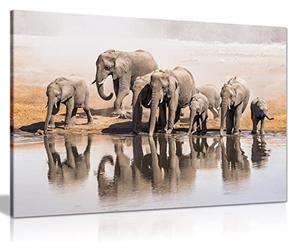 Tableau sur toile murale d’une famille d'éléphants d'Afrique buvant à une mare, art imprimé., A0 91x61cm (36x24in)