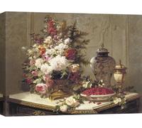 Tableau sur toile, nature morte - Jean-Baptiste Robie, arrangement de fleurs sur une table - 70x50 cm