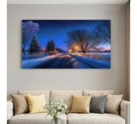 Tableau sur toile Nuit étoilée Route enneigée 100L x 75W cm à accrocher Village Russe murale élégante et moderne impression sur toile décoration