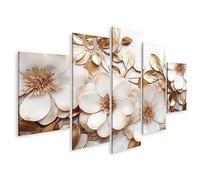Tableau sur toile Papier peint luxueux au design luxueux avec texture marbre, couleurs or blanc et fleurs dorées - Toile 170x80 cm - 5 panneaux