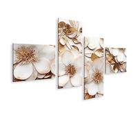 Tableau sur toile Papier peint luxueux au design luxueux avec texture marbre, couleurs or blanc et fleurs dorées - Toile 150x80 cm - 4 panneaux
