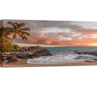 Tableau sur toile, paysage marin, coucher de soleil sur une plage tropicale - 120x60 cm