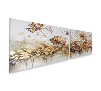 Tableau sur toile Peinture à l'huile florale abstraite, éclat de fleurs dorées, blanc doré - Toile 160x40 cm - 2 panneaux