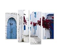 Tableau sur toile Portes bleues fenêtres mur blanc bâtiment Sidi Bou Said Tunisie - Toile 126x80 cm - 4 panneaux