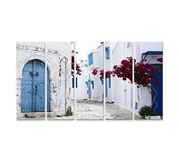 Tableau sur toile Portes bleues fenêtres mur blanc bâtiment Sidi Bou Said Tunisie - Toile 160x80 cm - 5 panneaux XXL