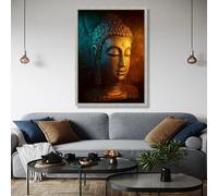 Tableau sur toile représentant le visage de Bouddha, sculpture imprimée de méditation paisible, décoration spirituelle pour la maison, affiches de peinture bouddhiste zen (50x75cm/cadre intérieur)