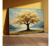 Tableau sur toile représentant un arbre d'automne doré, art mural paysager, affiches avec vue sur un lac paisible, impressions de scènes de nature, décoration de fond (30x40cm/cadre intérieur)