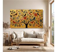 Tableau sur toile représentant un arbre, des oiseaux et des fleurs, illustration végétale colorée, art mural, salon moderne, décoration intérieure, œuvre d'art abstraite (30 x 50 cm / cadre intérieur)