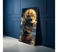 Tableau sur toile représentant un bateau pirate vintage, paysage marin sous la pleine lune, art nautique sur toile, aventure océanique, décoration murale pour la maison (55 x 100 cm / sans cadre)