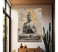 Tableau sur toile représentant un Bouddha doré, art mural classique de méditation zen, affiches et impressions sur l'éveil, design sur toile, décoration intérieure (50 x 75 cm / cadre intérieur)