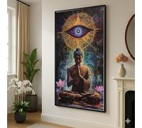 Tableau sur toile représentant un Bouddha méditatif, peinture de l'éveil, symbole du troisième œil, décoration fleur de lotus, impression décorative pour la maison (50 x 90 cm / cadre intérieur)