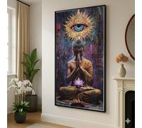Tableau sur toile représentant un Bouddha méditatif, peinture de l'éveil, symbole du troisième œil, décoration fleur de lotus, impression sur toile pour la pleine conscience (40 x 70 cm / sans cadre)