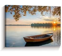 Tableau sur toile représentant un lac, un bateau et un paysage naturel, avec des impressions de forêt au coucher du soleil. Œuvre d'art moderne pour salle de bain (60 x 80 cm / cadre intérieur).