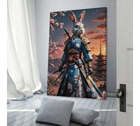Tableau sur toile représentant un lapin samouraï et une geisha, prêt à être accroché, pour la décoration du salon, de la salle de bain ou des toilettes. Art mural moderne 30 x 45 cm (12 x 18 pouces).