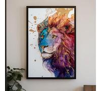 Tableau sur toile représentant un lion coloré - Affiche et impressions abstraites d'animaux sauvages - Peinture encadrée d'animaux, décoration pour salon ou bureau (50 x 70 cm / cadre intérieur)