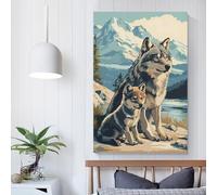 Tableau sur toile représentant un loup et son petit dans un paysage de montagne, idéal pour la chambre, les toilettes, la salle de bain ou le salon. Grande toile de 60 x 90 cm (24 x 36 pouces).
