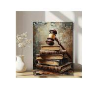Tableau sur toile représentant un marteau de juge et de vieux livres, décoration vintage sur le thème du droit, impression style peinture à l'huile thème de la justice (50 x 75 cm / cadre intérieur)