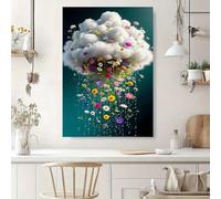 Tableau sur toile représentant un nuage de fleurs sous une pluie battante sur une mer sombre, impression d'art vintage pour la décoration intérieure, le bureau ou le couloir (70 x 90 cm / sans cadre)