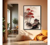 Tableau sur toile représentant un paysage asiatique serein, art mural avec des érables rouges, affiche imprimée d'un pavillon traditionnel, décoration intérieure zen vintage (50x70cm/sans cadre)