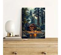 Tableau sur toile représentant un paysage automnal au bord d'un lac - Illustration rétro d'une cabane en forêt et d'un feu de camp - Impression panoramique sur la nature (70 x 100 cm / Sans cadre)