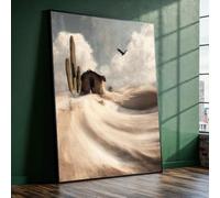 Tableau sur toile représentant un paysage désertique, une maison rustique en adobe, des cactus, des dunes de sable, une décoration intérieure et une nature sur toile (60 x 90 cm avec cadre intérieur).