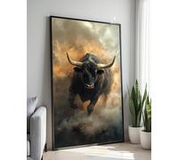 Tableau sur toile représentant un taureau chargeant | Affiches et impressions de taureaux puissants, portrait abstrait d'animaux pour la décoration murale de la chambre (40x60cm/cadre intérieur)