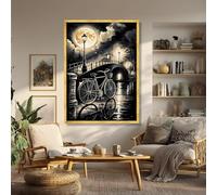 Tableau sur toile représentant un vélo au clair de lune, art mural romantique autour d'un pont, affiches de paysage urbain en noir et blanc, impression d'art de scène urbaine (70 x 110 cm/sans cadre)