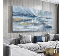 Tableau sur toile représentant un voilier au lever du soleil sur la plage et des vagues bleues Art marin Grande œuvre d'art moderne Impression sur toile Tableau contemporain (50 x 102 cm / 20 x 40in)