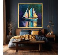 Tableau sur toile représentant un voilier coloré, peinture nautique abstraite, voiles ornées de notes de musique, décoration intérieure sur le thème côtier, paysage marin (30 x 30 cm, sans cadre)