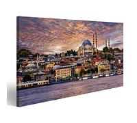 Tableau sur toile représentant une corne dorée et la vieille ville d'Istanbul sur un coucher de soleil spectaculaire en Turquie