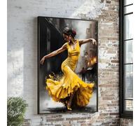 Tableau sur toile représentant une danseuse de flamenco, fresque murale en robe jaune, art mural de danse espagnole, affiches et impressions décoratives élégantes de danseuses (50x75cm/sans cadre)