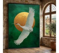 Tableau sur toile représentant une grue blanche en vol, décoration murale « Soleil dor頻, art mural sur toile verte de style japonais, décoration moderne inspirée de la nature (30 x 40 cm / sans cadre)