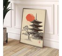 Tableau sur toile représentant une pagode japonaise, illustration traditionnelle, affiches et estampes Soleil Rouge, peinture de paysage, décoration intérieure zen (50 x 70 cm / cadre intérieur)