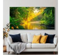 Tableau sur toile représentant une rivière au cœur de la forêt tropicale, lever de soleil à travers les arbres, pour salon ou chambre (20 x 40 cm/sans cadre)