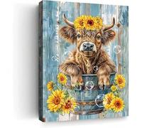 Tableau sur toile représentant une vache des Highlands duveteuse - Impression rustique d'animaux de la ferme avec tournesols et bulles - Décoration pour chambre salle de bain (40x60cm/sans cadre)