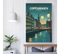 Tableau sur toile représentant une vue nocturne de Copenhague, Danemark, idéal pour une chambre ou un salon d'enfant (fille ou garçon), cadeau d'anniversaire, grand format 20 x 30 cm (8 x 12 pouces).