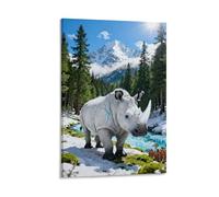 Tableau Sur Toile Rhinocéros Tableau Decoration Murale Salon Moderne Forêt de Montagne Enneigée Art Mural Sur Toile Déco Maison Pour Chambre, Salle De Bains, Salon Cadeau Original 20x30inch(50x75cm)