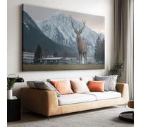 Tableau sur Toile Rustique Animal Cerf Montagne Enneigée Grand Tableau Mural 100L x 70l cm, Impression Toile Non Encadrée Blanc Glacé - Affiche Déco Esthétique pour Chambre et Salon Salle de Bain