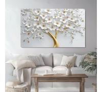 Tableau sur Toile Sans cadre Fleurs Et Arbres De Luxe 100 x 50 cm Décoration Murale Art Décoratif Muraux Peinture Imprimée en HD Salon Chambre Bureau, Blanc Or