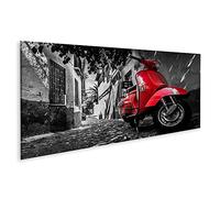 Tableau sur toile Scooter Vespa rouge garé sur une rue pavée - Toile 120x40 cm - Panorama