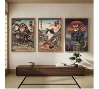 Tableau sur toile triptyque chats illustrés style japonais-cadre flottant