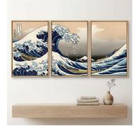 Tableau sur toile triptyque style estampe japonaise vague bleue - décoration murale zen-cadre flottant