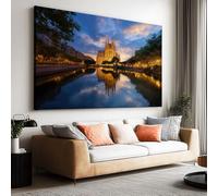 Tableau sur Toile Ville Architecture Forêt Coucher de Soleil Impression sur Toile Sans Cadre 100L x 70l cm, Tableau Décoration Murale Paysage Naturel - Affiche Poster HD pour Salon Salle de Bain
